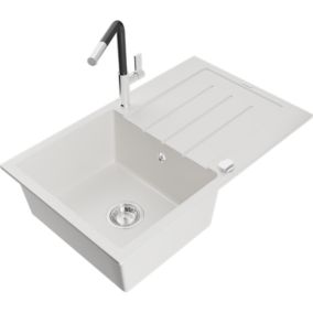 Zlewozmywak granitowy 1-komorowy Mexen Bruno z ociekaczem i baterią kuchenną Flora biały  6513-20-670401-07