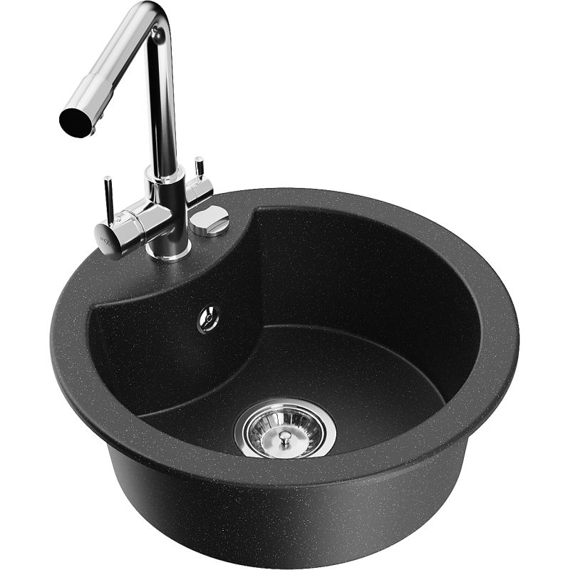 Zlewozmywak granitowy 1-komorowy Mexen Diego z baterią kuchenną Duero czarny/srebrny metalik  6512-73-671600-00