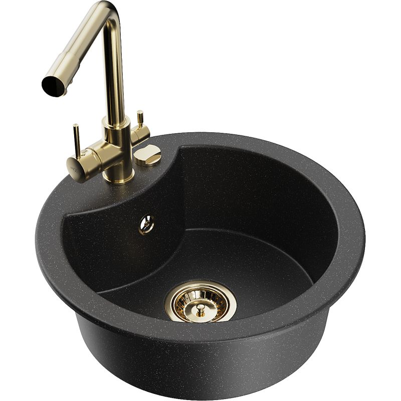 Zlewozmywak granitowy 1-komorowy Mexen Diego z baterią kuchenną Duero czarny/srebrny metalik  6512-73-671600-50