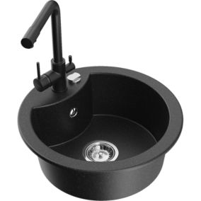 Zlewozmywak granitowy 1-komorowy Mexen Diego z baterią kuchenną Duero czarny/złoty metalik  - 6512-75-671600-70 1 szt.