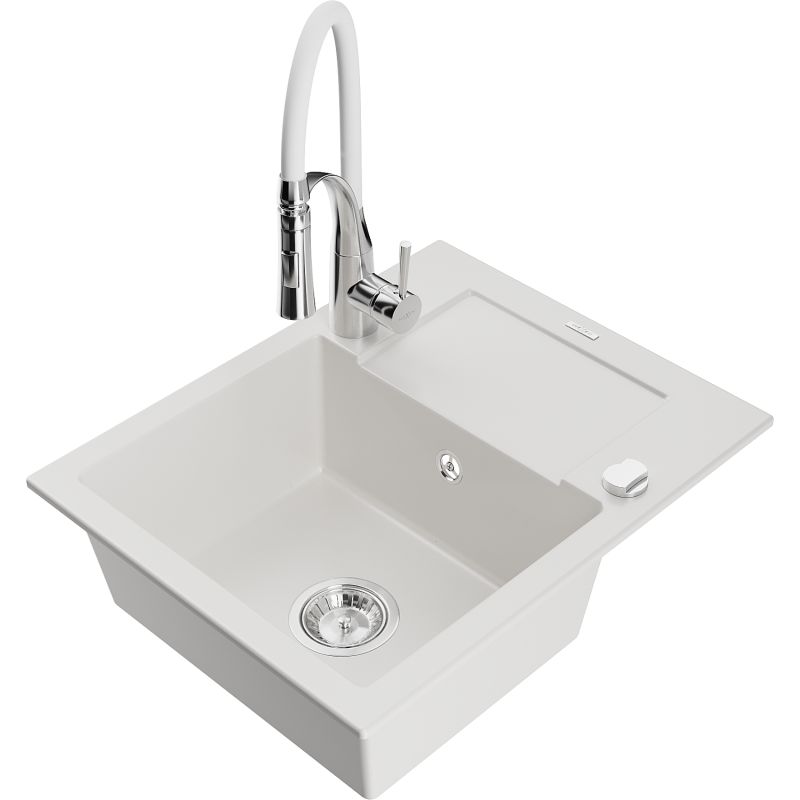 Zlewozmywak granitowy 1-komorowy Mexen Enzo z ociekaczem i baterią kuchenną Aster biały  6506-20-73450-02