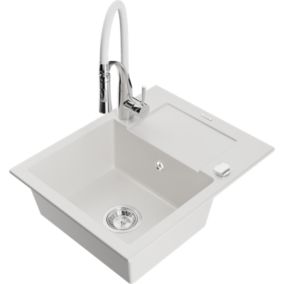 Zlewozmywak granitowy 1-komorowy Mexen Enzo z ociekaczem i baterią kuchenną Aster biały  6506-20-73450-02