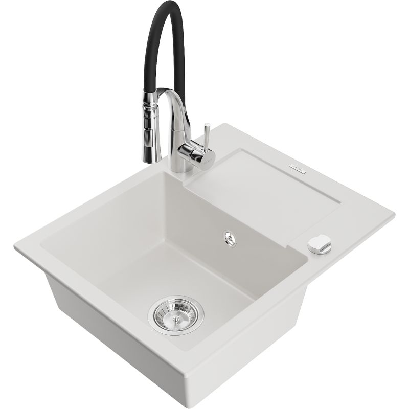 Zlewozmywak granitowy 1-komorowy Mexen Enzo z ociekaczem i baterią kuchenną Aster biały  6506-20-73450-07 1 szt.