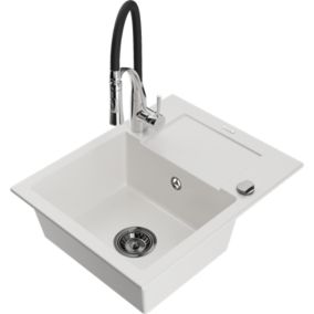 Zlewozmywak granitowy 1-komorowy Mexen Enzo z ociekaczem i baterią kuchenną Aster biały  6506-20-73450-07-B
