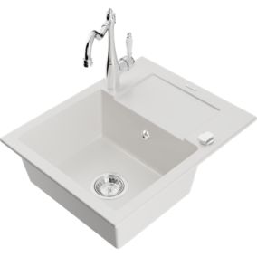 Zlewozmywak granitowy 1-komorowy Mexen Enzo z ociekaczem i baterią kuchenną Carla biały  6506-20-670700-00 1 szt.