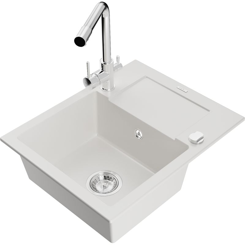 Zlewozmywak granitowy 1-komorowy Mexen Enzo z ociekaczem i baterią kuchenną Duero biały  6506-20-671600-00 1 szt.