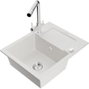 Zlewozmywak granitowy 1-komorowy Mexen Enzo z ociekaczem i baterią kuchenną Duero biały  6506-20-671600-00