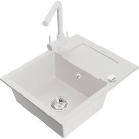 Zlewozmywak granitowy 1-komorowy Mexen Enzo z ociekaczem i baterią kuchenną Duero biały  6506-20-671600-20