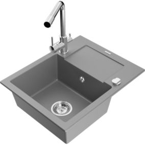 Zlewozmywak granitowy 1-komorowy Mexen Enzo z ociekaczem i baterią kuchenną Duero szary  6506-71-671600-00