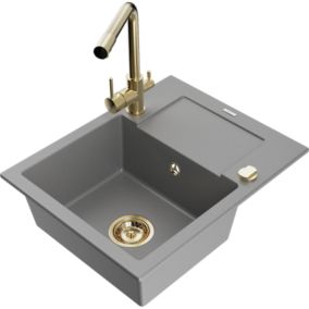 Zlewozmywak granitowy 1-komorowy Mexen Enzo z ociekaczem i baterią kuchenną Duero szary  6506-71-671600-50 1 szt.