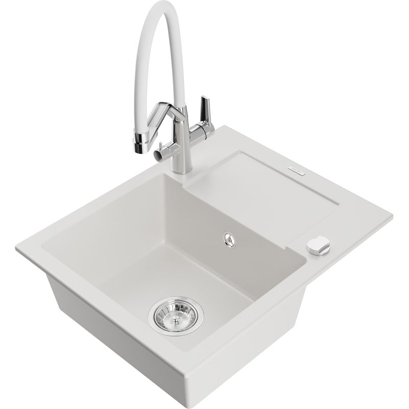 Zlewozmywak granitowy 1-komorowy Mexen Enzo z ociekaczem i baterią kuchenną Duo biały  6506-20-671701-02 1 szt.