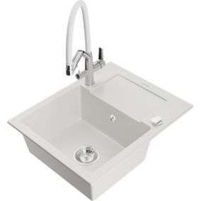 Zlewozmywak granitowy 1-komorowy Mexen Enzo z ociekaczem i baterią kuchenną Duo biały  6506-20-671701-02