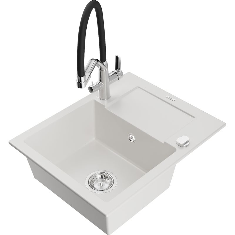 Zlewozmywak granitowy 1-komorowy Mexen Enzo z ociekaczem i baterią kuchenną Duo biały  6506-20-671701-07 1 szt.