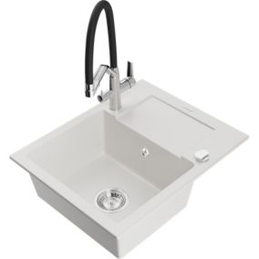 Zlewozmywak granitowy 1-komorowy Mexen Enzo z ociekaczem i baterią kuchenną Duo biały  6506-20-671701-07 1 szt.