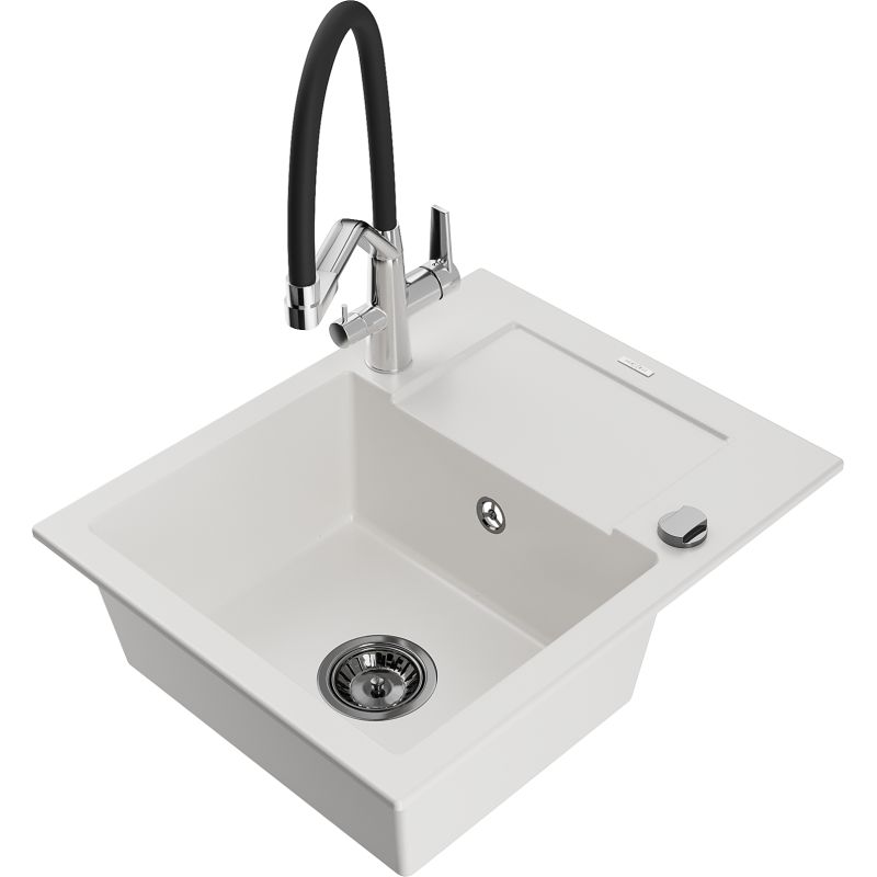 Zlewozmywak granitowy 1-komorowy Mexen Enzo z ociekaczem i baterią kuchenną Duo biały  6506-20-671701-07-B