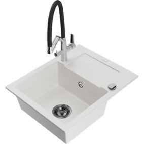 Zlewozmywak granitowy 1-komorowy Mexen Enzo z ociekaczem i baterią kuchenną Duo biały  6506-20-671701-07-B
