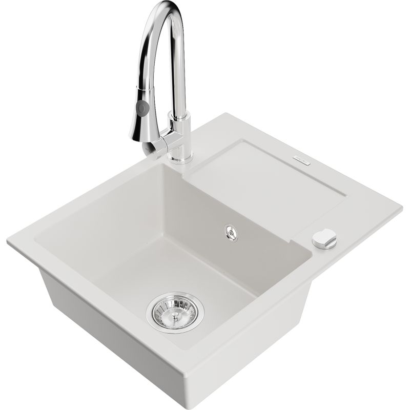 Zlewozmywak granitowy 1-komorowy Mexen Enzo z ociekaczem i baterią kuchenną Elia biały  6506-20-670101-00