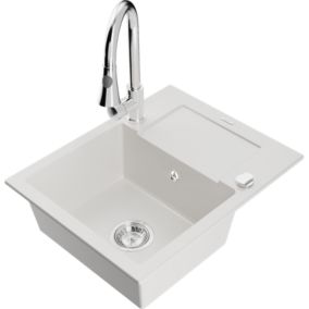 Zlewozmywak granitowy 1-komorowy Mexen Enzo z ociekaczem i baterią kuchenną Elia biały  6506-20-670101-00