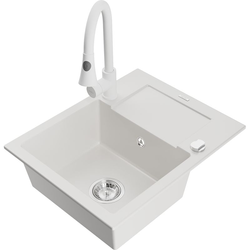 Zlewozmywak granitowy 1-komorowy Mexen Enzo z ociekaczem i baterią kuchenną Elia biały  6506-20-670101-20 1 szt.