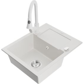 Zlewozmywak granitowy 1-komorowy Mexen Enzo z ociekaczem i baterią kuchenną Elia biały  6506-20-670101-20 1 szt.