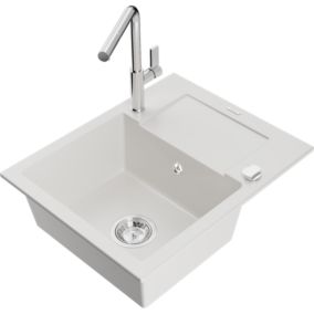 Zlewozmywak granitowy 1-komorowy Mexen Enzo z ociekaczem i baterią kuchenną Flora biały  6506-20-670401-00 1 szt.