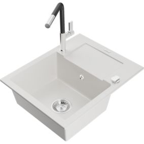 Zlewozmywak granitowy 1-komorowy Mexen Enzo z ociekaczem i baterią kuchenną Flora biały  6506-20-670401-07 1 szt.