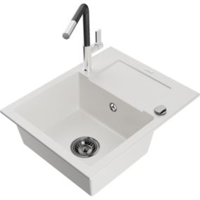 Zlewozmywak granitowy 1-komorowy Mexen Enzo z ociekaczem i baterią kuchenną Flora biały  6506-20-670401-07-B