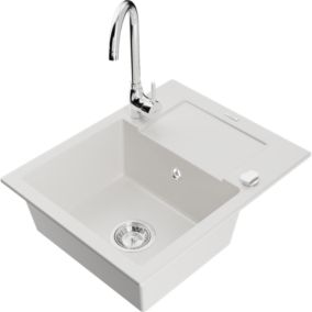 Zlewozmywak granitowy 1-komorowy Mexen Enzo z ociekaczem i baterią kuchenną Telma biały  6506-20-670200-00