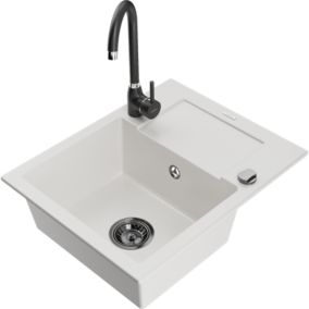 Zlewozmywak granitowy 1-komorowy Mexen Enzo z ociekaczem i baterią kuchenną Telma biały  6506-20-670200-70 1 szt.