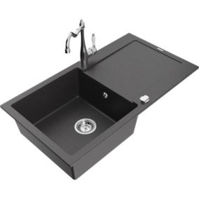Zlewozmywak granitowy 1-komorowy Mexen Leo z ociekaczem i baterią kuchenną Carla czarny nakrapiany  6501-76-670700-00