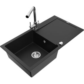 Zlewozmywak granitowy 1-komorowy Mexen Leo z ociekaczem i baterią kuchenną Duero czarny  6501-77-671600-00 1 szt.