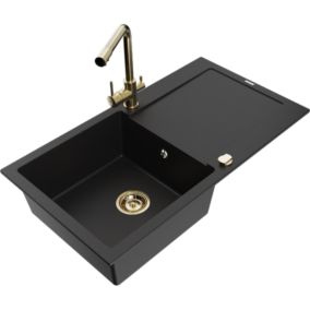 Zlewozmywak granitowy 1-komorowy Mexen Leo z ociekaczem i baterią kuchenną Duero czarny  6501-77-671600-50 1 szt.