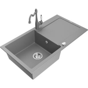 Zlewozmywak granitowy 1-komorowy Mexen Leo z ociekaczem i baterią kuchenną Duero czarny  - 6501-77-671600-70 1 szt.