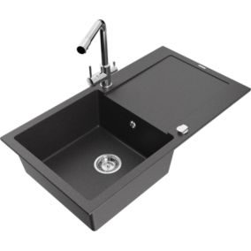 Zlewozmywak granitowy 1-komorowy Mexen Leo z ociekaczem i baterią kuchenną Duero czarny nakrapiany  6501-76-671600-00 1 szt.