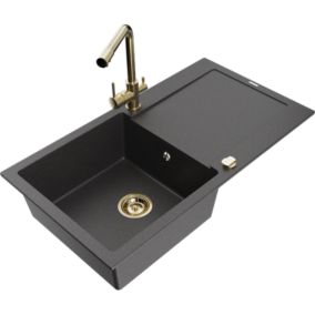 Zlewozmywak granitowy 1-komorowy Mexen Leo z ociekaczem i baterią kuchenną Duero czarny nakrapiany  6501-76-671600-50 1 szt.