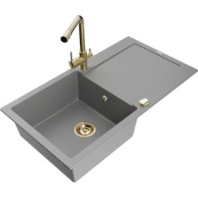 Zlewozmywak granitowy 1-komorowy Mexen Leo z ociekaczem i baterią kuchenną Duero szary  6501-71-671600-50 1 szt.