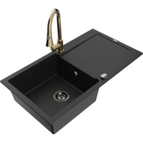Zlewozmywak granitowy 1-komorowy Mexen Leo z ociekaczem i baterią kuchenną Elia czarny  6501-77-670101-50-B 1 szt.
