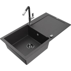 Zlewozmywak granitowy 1-komorowy Mexen Leo z ociekaczem i baterią kuchenną Flora czarny nakrapiany  6501-76-670401-07-B 1 szt.