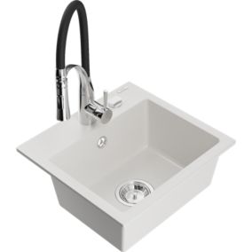 Zlewozmywak granitowy 1-komorowy Mexen Milo z baterią kuchenną Aster biały  6505-20-73450-07 1 szt.