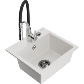 Zlewozmywak granitowy 1-komorowy Mexen Milo z baterią kuchenną Aster biały  6505-20-73450-07-B 1 szt.