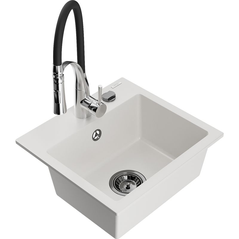 Zlewozmywak granitowy 1-komorowy Mexen Milo z baterią kuchenną Aster biały  6505-20-73450-07-B