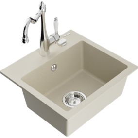 Zlewozmywak granitowy 1-komorowy Mexen Milo z baterią kuchenną Carla beżowy  6505-69-670700-00 1 szt.