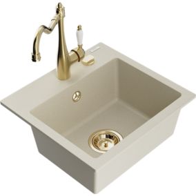 Zlewozmywak granitowy 1-komorowy Mexen Milo z baterią kuchenną Carla beżowy  6505-69-670700-50