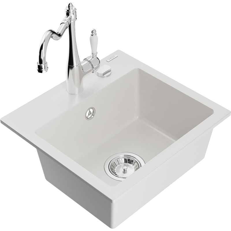 Zlewozmywak granitowy 1-komorowy Mexen Milo z baterią kuchenną Carla biały  6505-20-670700-00 1 szt.