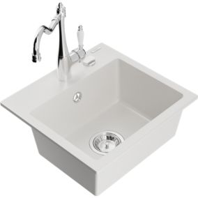 Zlewozmywak granitowy 1-komorowy Mexen Milo z baterią kuchenną Carla biały  6505-20-670700-00