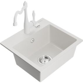 Zlewozmywak granitowy 1-komorowy Mexen Milo z baterią kuchenną Carla biały  6505-20-670700-20 1 szt.