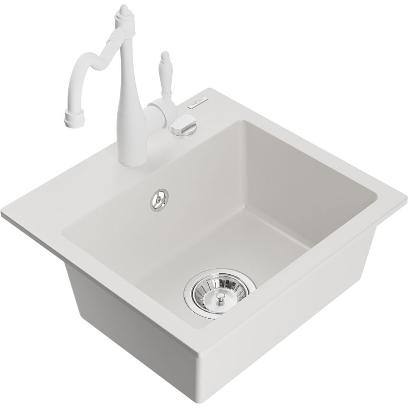 Zlewozmywak granitowy 1-komorowy Mexen Milo z baterią kuchenną Carla biały  6505-20-670700-20