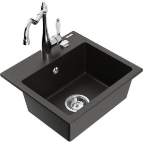 Zlewozmywak granitowy 1-komorowy Mexen Milo z baterią kuchenną Carla czarny/złoty metalik  6505-75-670700-00