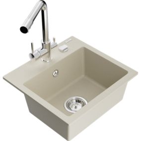 Zlewozmywak granitowy 1-komorowy Mexen Milo z baterią kuchenną Duero beżowy  6505-69-671600-00