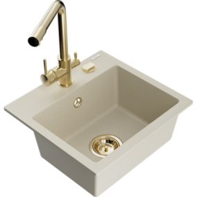 Zlewozmywak granitowy 1-komorowy Mexen Milo z baterią kuchenną Duero beżowy  6505-69-671600-50 1 szt.